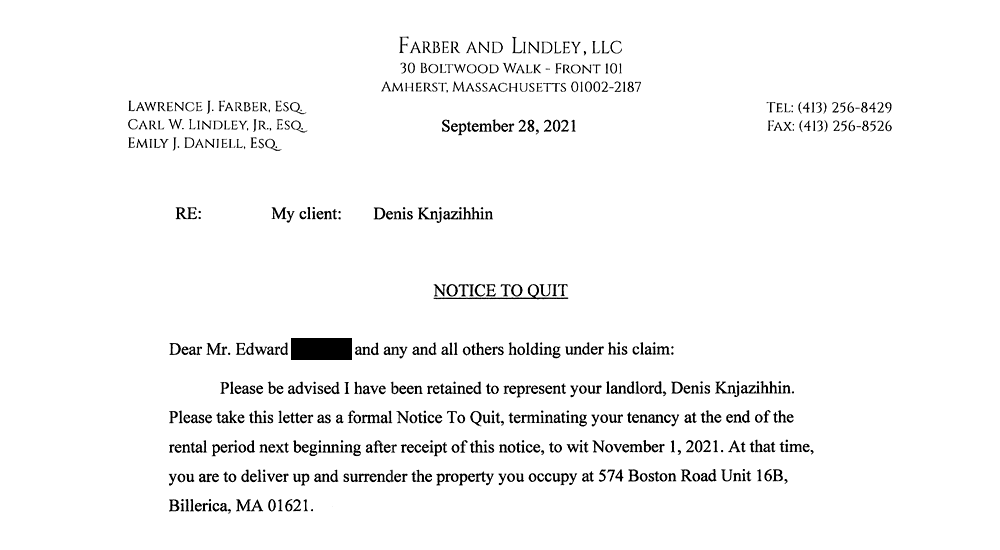 09/28/2021 Notice to Quit from Attorney Carl W. Lindley Jr